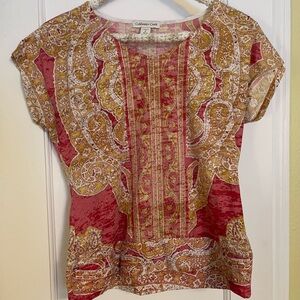 Coldwater Creek Pink and Gold Paisley Short Sleeve Blouse Made in USA